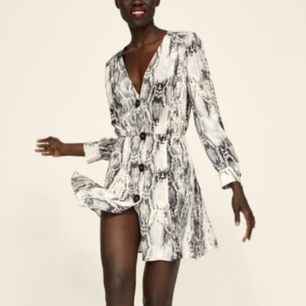 Zara Women’s Snake Print Button Front Satin Feel Puff Long Sleeve Mini Dress XS